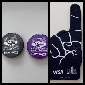 Super Bowl LVIII Limited Visa Hand & Two Super Bowl Las Vegas Host Pins/Buttons